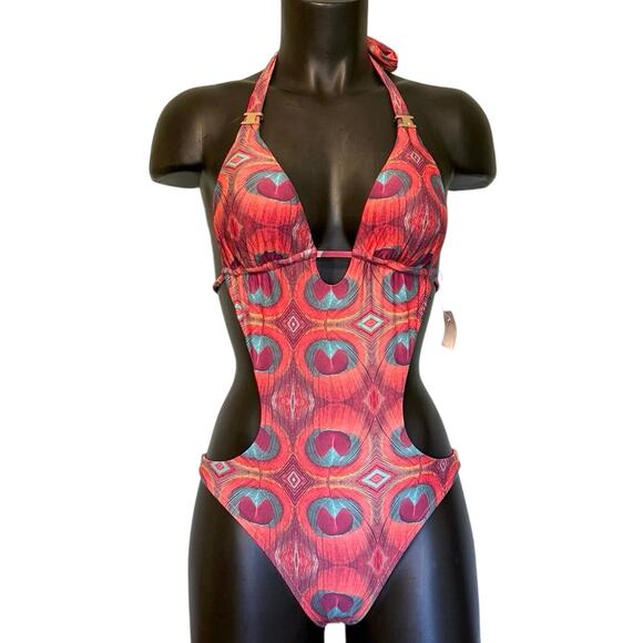 MAR by VIX Swimsuit Size Small One Piece Halter Cutout Peacock NWOT - Picture 1 of 10